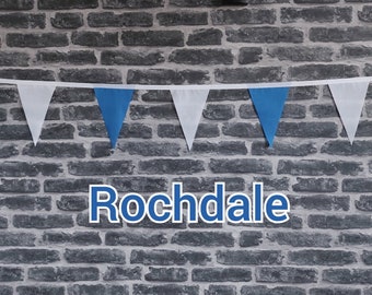 10ft Handmade Football Team Colours Fabric Bunting - Rochdale AFC - Single Ply - Pinked Edges - Blue + White Flags - White Bias Tape