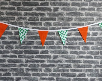 10ft HANDMADE Fabric St Patricks Day Bunting - Single Ply - Pinked Edges - Green White Gold Tri Colours - White Bias Tape - Irish Clover