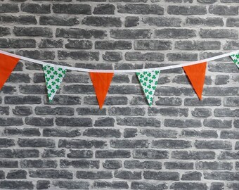 SALE 10ft HANDMADE Fabric St Patricks Day Bunting - Single Ply - Pinked Edge - Green White Gold Tri Colours - White Bias Tape - Irish Clover