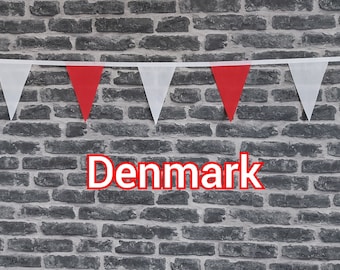 10ft Handmade Football Team Colours Fabric Bunting - Denmark - Single Ply - Pinked Edge - Red & White Flags - White Bias