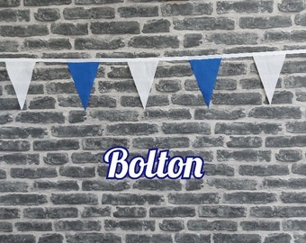 10ft - 50ft Lengths Handmade Football Team Colours Fabric Bunting - Bolton Wanderers - Single Ply - Blue + White Flags - White Bias Tape