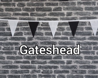 10ft Handmade Football Team Colours Fabric Bunting - Gateshead - Single Ply - Pinked Edges - Black & White Flags - White Bias Tape