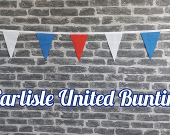 10ft Handmade Football Team Colours Fabric Bunting - Carlisle United - Single Ply - Pinked Edges - Blue, Red & White Flags - White Bias Tape