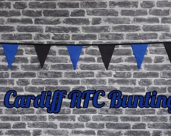 10ft Handmade Rugby Team Colours Fabric - Cardiff RFC - Single Ply - Pinked Edges - Blue & Black Flags - Black Bias Tape