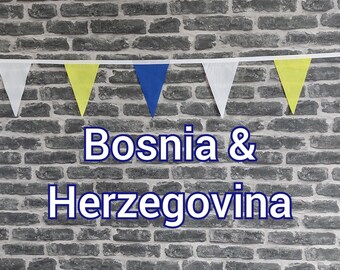 10ft Handmade Fabric Bunting Football Sports Coutry Decoration - Bosnia & Herzegovina - Single Ply - Pinked Edges - Blue White Yellow Flags