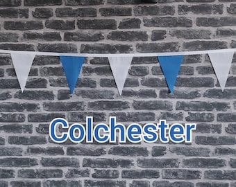 10ft Handmade Football Team Colours Fabric Bunting - Colchester United - Single Ply - Pinked Edges - Blue + White Flags - White Bias Tape