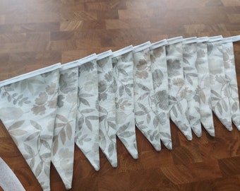 10ft HANDMADE Double Sided Fabric Bunting - Ready Made - Leaf Leaves Beige Stone Cream Brown - White Bias Tape
