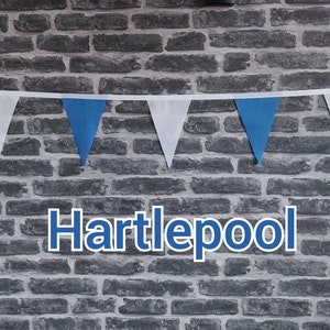 10ft Handmade Football Team Colours Fabric Bunting - Hartlepool United - Single Ply - Pinked Edges - Blue + White Flags - White Bias Tape
