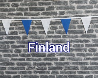 10ft Handmade Football Team Colours Fabric Bunting - Finland - Single Ply - Pinked Edges - Blue + White Flags - White Bias