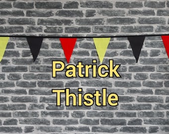 10ft - 50ft Lengths Handmade Football Team Colours Fabric Bunting - Partick Thistle - Single Ply - Black, Red & Yellow Flags - Black Bias