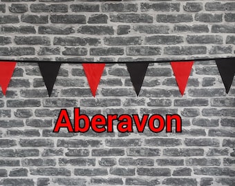 10ft Handmade Rugby Team Colours Fabric - Aberavon - Single Ply - Pinked Edges - Black & Red Flags - Black Bias Tape