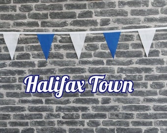 10ft Handmade Football Team Colours Fabric Bunting - Halifax Town - Single Ply - Pinked Edges - Blue + White Flags - White Bias Tape