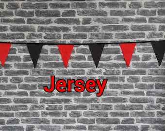 10ft Handmade Rugby Team Colours Fabric Bunting - Jersey - Single Ply - Pinked Edges - Black & Red Flags - Black Bias Tape