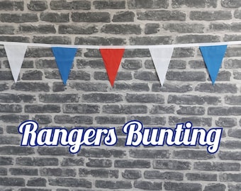 10ft Handmade Football Team Colours Fabric Bunting - Rangers - Single Ply - Pinked Edges - Blue, Red & White Flags - White Bias Tape