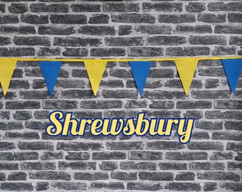 10ft - 50ft Lengths Handmade Football Team Colours Fabric Bunting - Shrewsbury Town - Single Ply - Blue + Yellow Flags - Gold Bias Tape