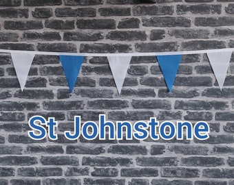 10ft Handmade Football Team Colours Fabric Bunting - St Johnstone - Single Ply - Pinked Edges - Blue + White Flags - White Bias Tape