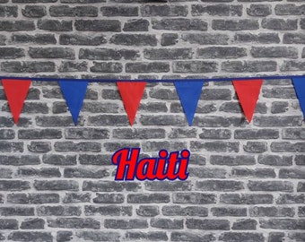 10ft Handmade Fabric Bunting Football Sports Coutry Decoration - Haiti - Single Ply - Pinked Edges - Blue & Red Flags
