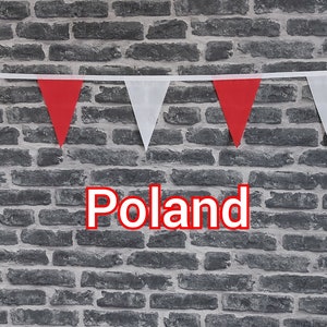 10ft Handmade Football Team Colours Fabric Bunting - Poland - Single Ply - Pinked Edge - Red & White Flags - White Bias