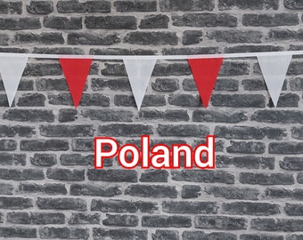 10ft Handmade Football Team Colours Fabric Bunting - Poland - Single Ply - Pinked Edge - Red & White Flags - White Bias