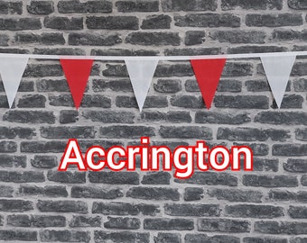 10ft - 50ft Lengths Handmade Football Team Colours Fabric Bunting - Accrington Stanley - Single Ply - Red & White Flags - White Bias Tape