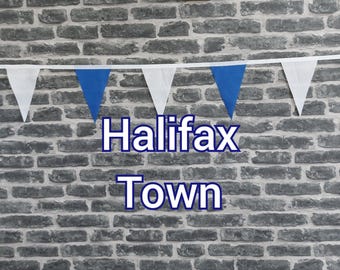 10ft Handmade Football Team Colours Fabric Bunting - Halifax Town - Single Ply - Pinked Edges - Blue + White Flags - White Bias Tape