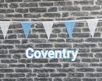 10ft - 50ft Lengths Handmade Football Team Colours Fabric Bunting - Coventry City - Single Ply - Blue + White Flags - White Bias Tape