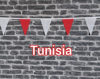 10ft Handmade Fabric Bunting Football Sports Country Decoration - Tunisia - Single Ply - Pinked Edges - Red & White Flags