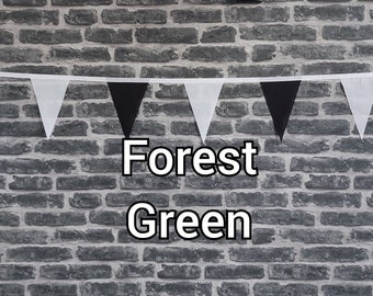 10ft - 50ft Lengths Handmade Football Team Colours Fabric Bunting - Forest Green Rovers - Single Ply - Black & White Flags - White Bias Tape