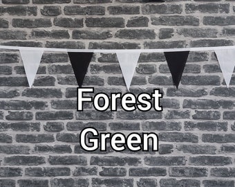 10ft - 50ft Lengths Handmade Football Team Colours Fabric Bunting - Forest Green Rovers - Single Ply - Black & White Flags - White Bias Tape