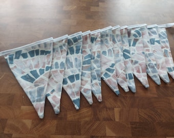 10ft HANDMADE Double Sided Fabric Bunting - Ready Made - Mosaic Tile Navy Lilac Pink - White Bias Tape