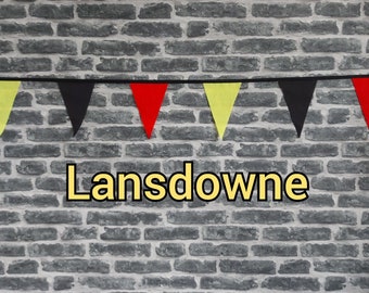 10ft Handmade Rugby Team Colours Fabric - Lansdowne RFC - Single Ply - Pinked Edges - Black, Red & Yellow Flags - Black Bias Tape