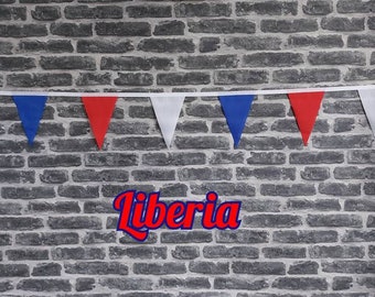 10ft - 50ft Lengths Handmade Fabric Bunting Football Sport Country Decoration - Liberia - Single Ply - Pinked Edges - Red, White & Blue Flag