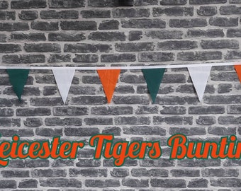 10ft Handmade Rugby Team Colours Fabric - Leicester Tigers - Single Ply - Pinked Edges - Green, Orange & White Flags - White Bias Tape
