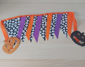 10ft HANDMADE Fabric Halloween Bunting - Single Ply - Spooky Scary Skull and Cross Bones - Party Garden Home Decoration Black Purple Orange