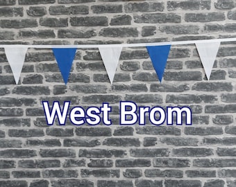 10ft - 50ft Lengths Handmade Football Team Colours Fabric Bunting - West Bromwich Albion - Single Ply - Blue + White Flags - White Bias Tape