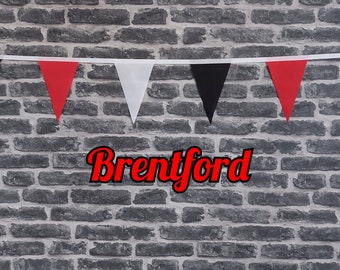 10ft - 50ft Lengths Handmade Football Team Colours Fabric Bunting - Brentford - Single Ply -  Black, Red & White Flags - White Bias Tape