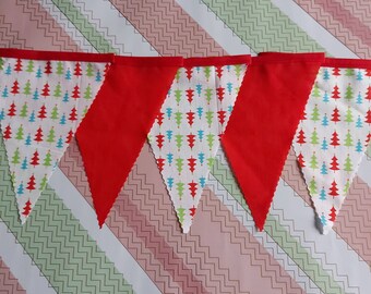 SALE 8ft HANDMADE Fabric Christmas Bunting - Single Ply - Pinked Edges - Festive Christmas Trees Red Green Blue Stars  - RED Bias Tape