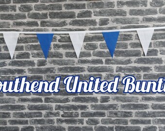 10ft Handmade Football Team Colours Fabric Bunting - Southend United - Single Ply - Pinked Edges - Blue + White Flags - White Bias Tape