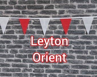 10ft Handmade Football Team Colours Fabric Bunting - Leyton Orient - Single Ply - Pinked Edges - Red & White Flag - White Bias Tape