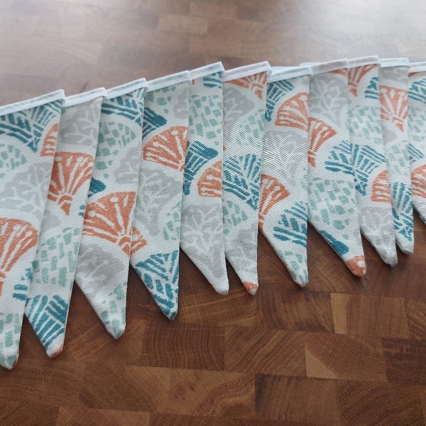 10ft HANDMADE Double Sided Fabric Bunting - Ready Made - Beach Shells Petrol Blue Grey Aqua Orange - White Bias Tape