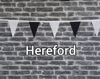 10ft Handmade Football Team Colours Fabric Bunting - Hereford United - Single Ply - Pinked Edges - Black & White Flags - White Bias Tape