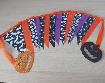 12ft HANDMADE Fabric Halloween Bunting - Single Ply - Scary Skeletons Skulls Spiders Bats - Party Garden Home Decoration Black Purple Orange