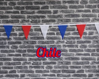 10ft - 50ft Lengths Handmade Fabric Bunting Football Sports Country Decoration - Chile - Single Ply - Pinked Edges - Red, White & Blue Flags