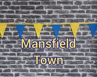 10ft Handmade Football Team Colours Fabric Bunting - Mansfield Town - Single Ply - Pinked Edges - Blue + Yellow Flags - Gold Bias Tape