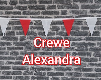 10ft Handmade Football Team Colours Fabric Bunting - Crewe Alexandra - Single Ply - Pinked Edges - Red & White Flags - White Bias Tape