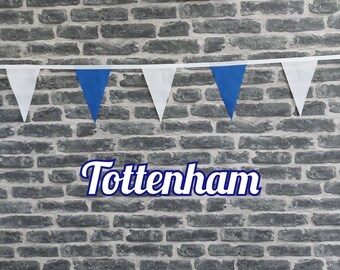 10ft - 50ft Lengths Handmade Football Team Colours Fabric Bunting - Tottenham Hotspur - Single Ply -  Blue + White Flags - White Bias Tape