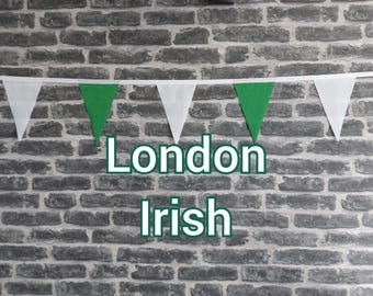 10ft Handmade Rugby Team Colours Fabric Bunting - London Irish- Single Ply - Pinked Edges - Green + White Flags - White Bias Tape