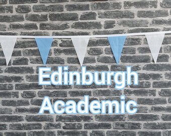 10ft Handmade Rugby Team Colours Fabric Bunting - Edinburgh Academical - Single Ply - Pinked Edges - Blue + White Flags - White Bias Tape