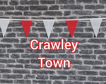 10ft Handmade Football Team Colours Fabric Bunting - Crawley Town - Single Ply - Pinked Edges - Red & White Flags - White Bias Tape