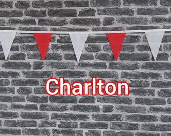 10ft - 50ft Lengths Handmade Football Team Colours Fabric Bunting - Charlton Athletic - Single Ply - Red & White Flags - White Bias Tape